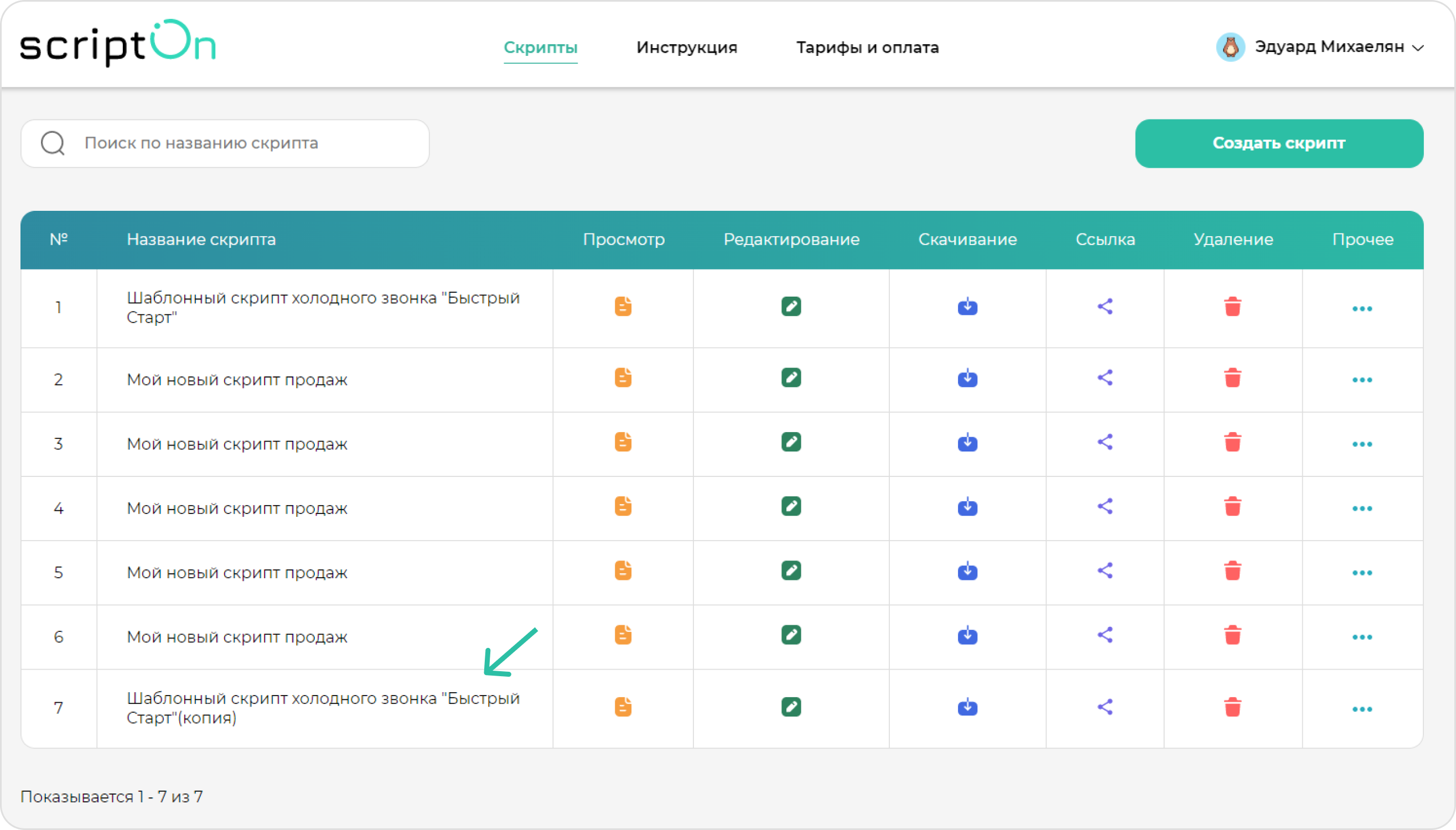 screen=криншот раздела “Мои скрипты”. Показывается созданная копия скрипта продаж